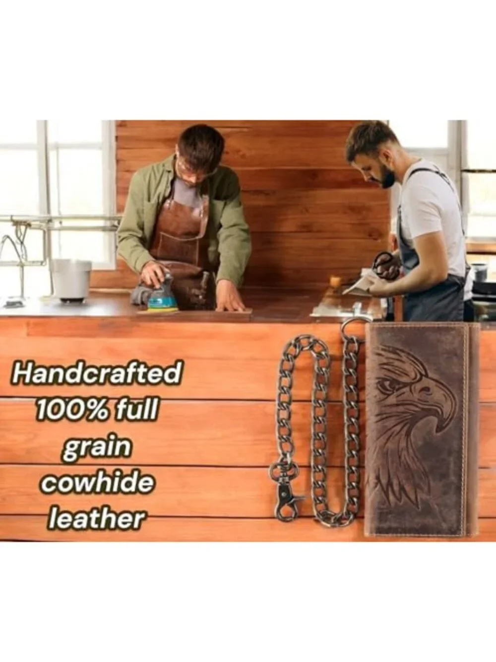 Classic RFID Blocking Men's Tri-Fold Leather Wallet with Steel Chain, Brown